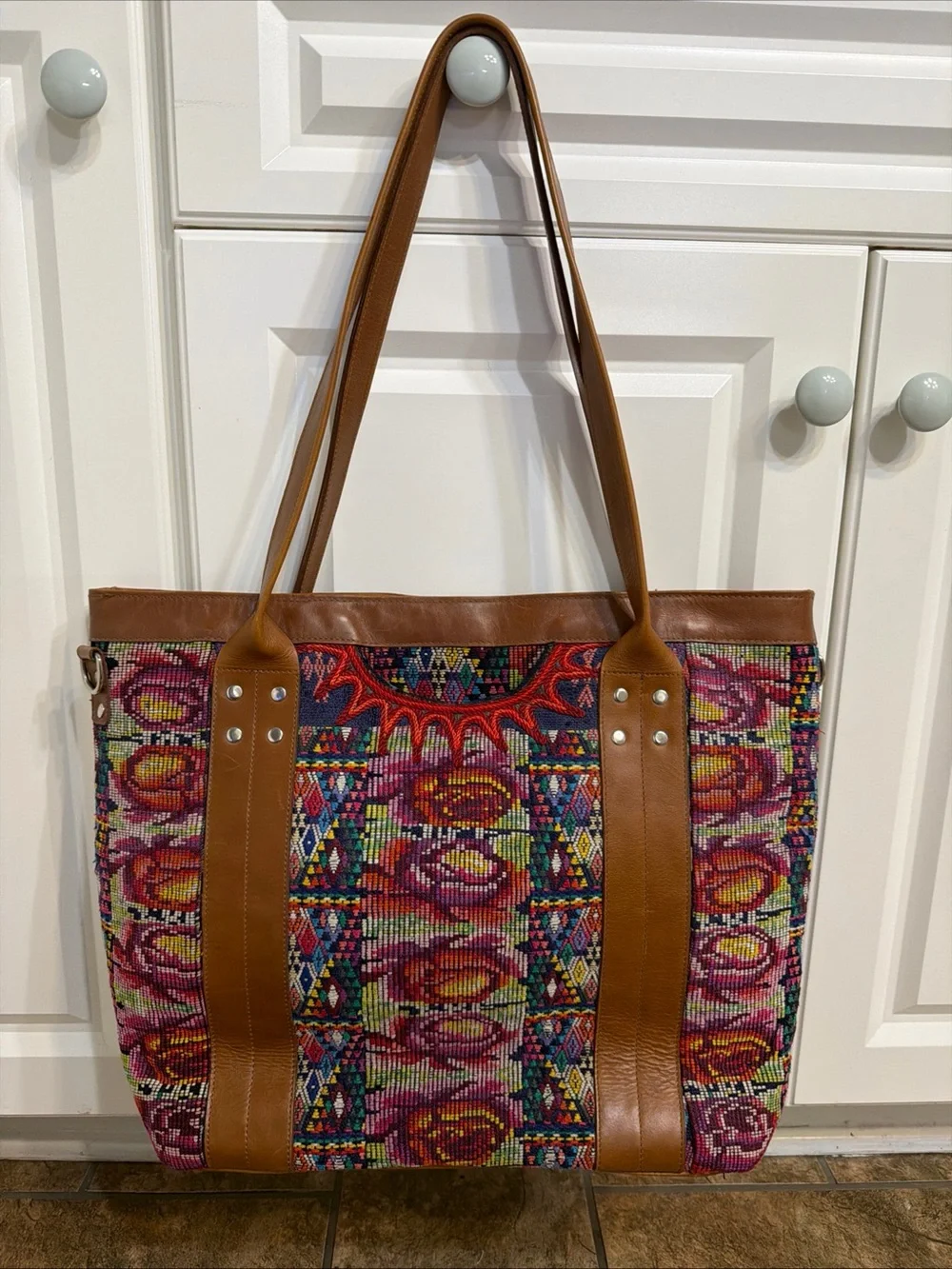 Handmade Guatemalan Fabric And Leather Tote Shoulder Nena Huipil - Picture 2 of 12